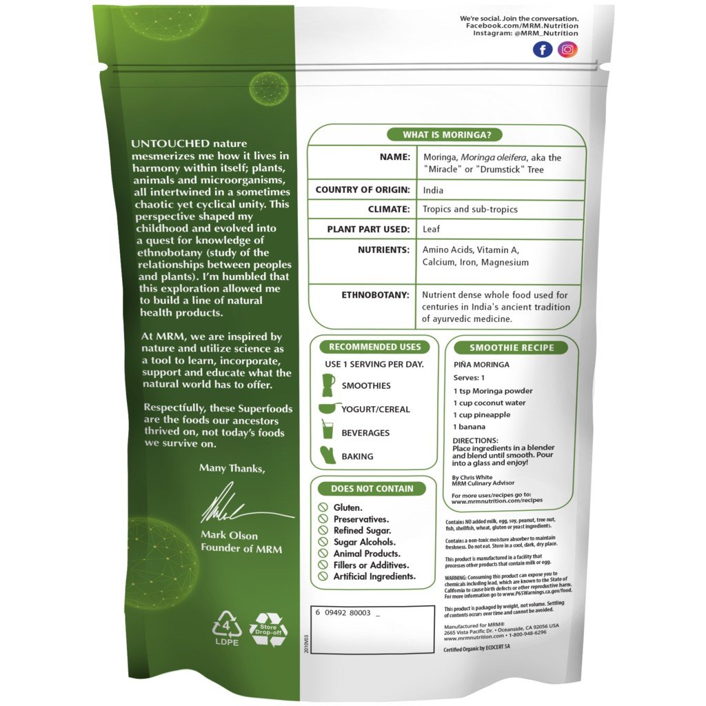 MRM (Metabolic Response Modifiers) Super Foods - Raw Organic Moringa Leaf Powder 8.5 oz Powder