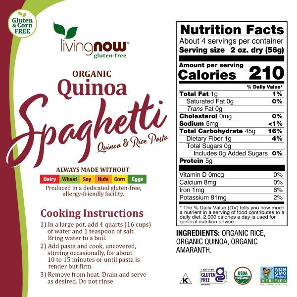 Now Foods Living Now Organic Quinoa Spaghetti 8 oz Box