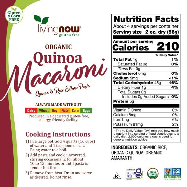 Now Foods Living Now Organic Quinoa Macaroni 8 oz Box
