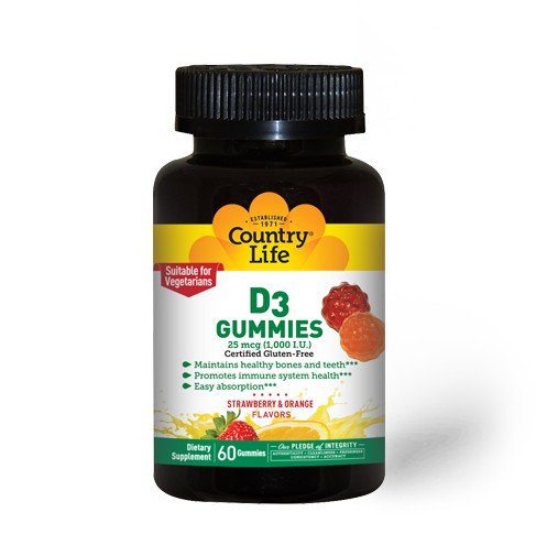 D3 Gummies | Country Life | Bone Health | Tooth Health | Immune System | Vegetarian | Strawberry Flavor | Orange Flavor | Dietary Supplement | 60 Gummies | VitaminLife