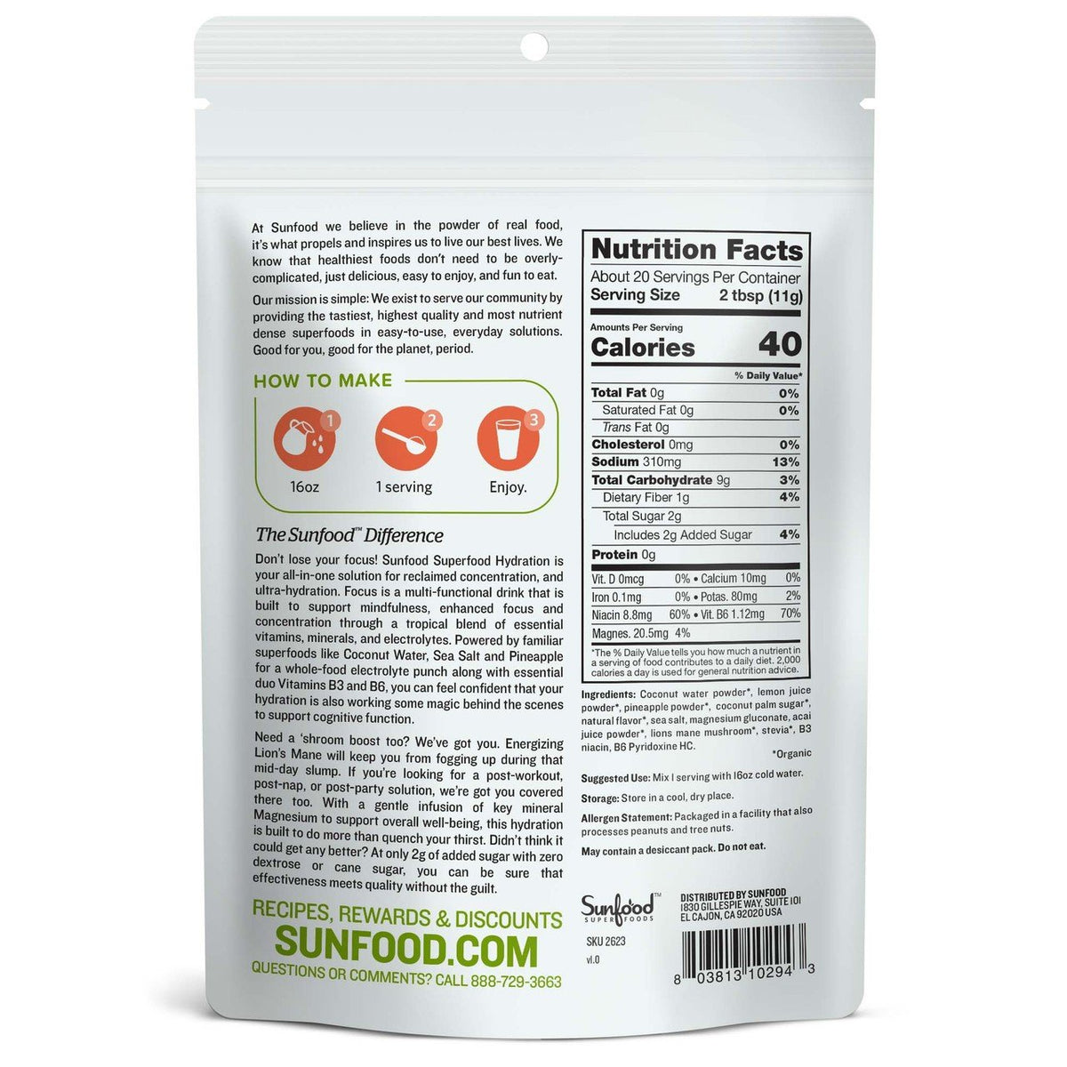 Sunfood Superfood Hydration, Focus 8 oz Powder