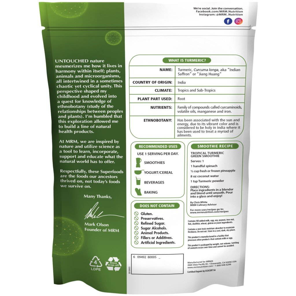 MRM (Metabolic Response Modifiers) Super Foods - Raw Organic Turmeric 6 oz Powder