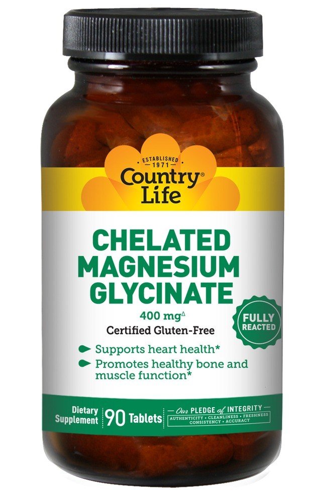 Chelated Magnesium Glycinate | Country Life | 200 milligrams Magnesium Bisglycinate | Fully Reacted | Heart Health | Bone Function | Muscle Function | Dietary Supplement | VitaminLife