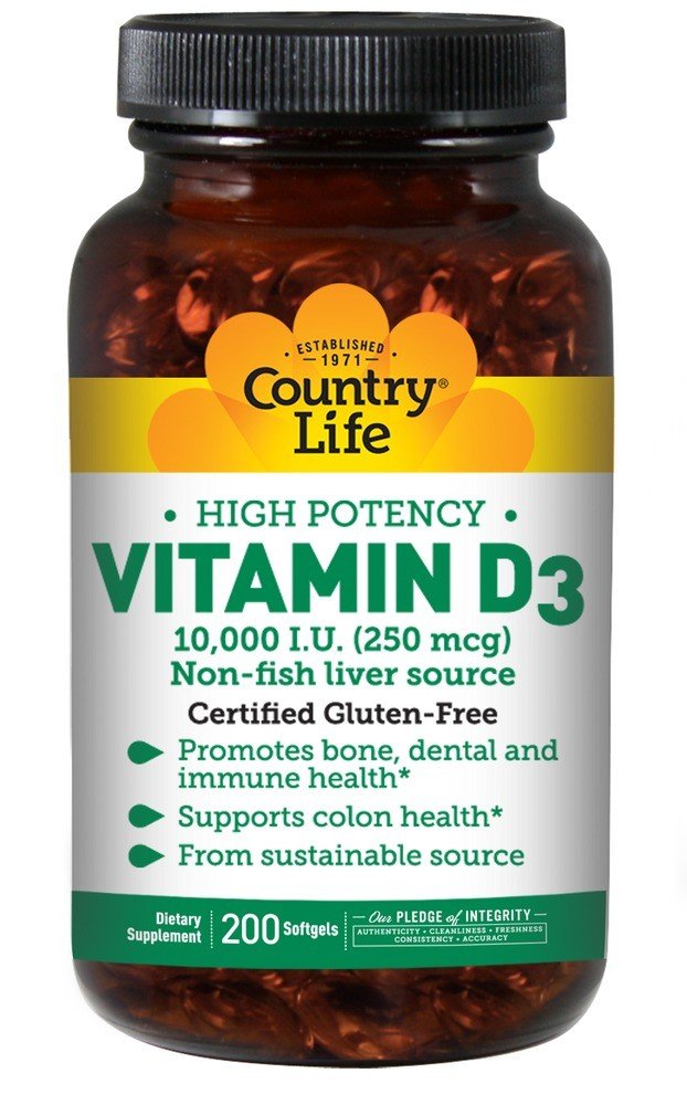 Vitamin D3 | Country Life | 10000 IU Vitamin D3 | 250 microgram Vitamin D3 | Non-Fish Liver Source | Bone Health | Dental Health | Immune Health | Colon Health | Dietary Supplement | 200 Softgels | VitaminLife