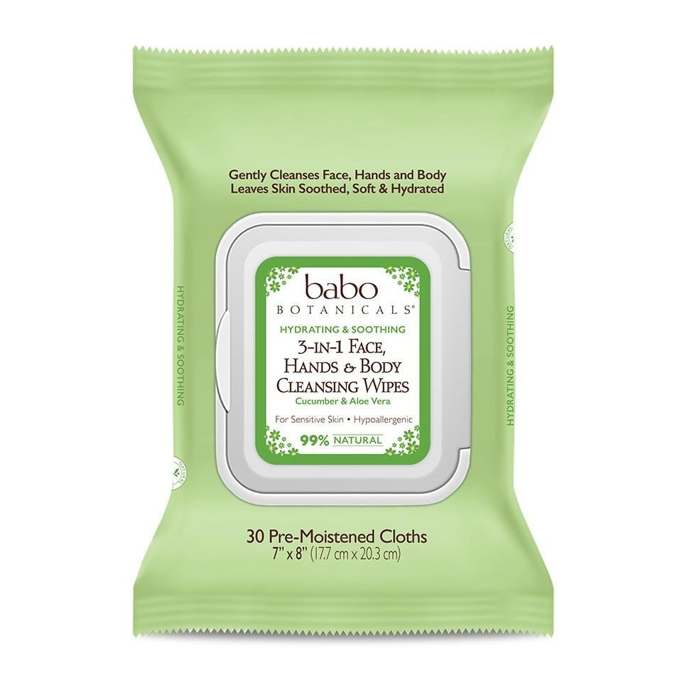 Babo Botanicals 3-In-1 Face Hand &amp; Body Hydrating Wipes Cucumber &amp; Aloe Vera 30 Pre-Moistened Clo Packet