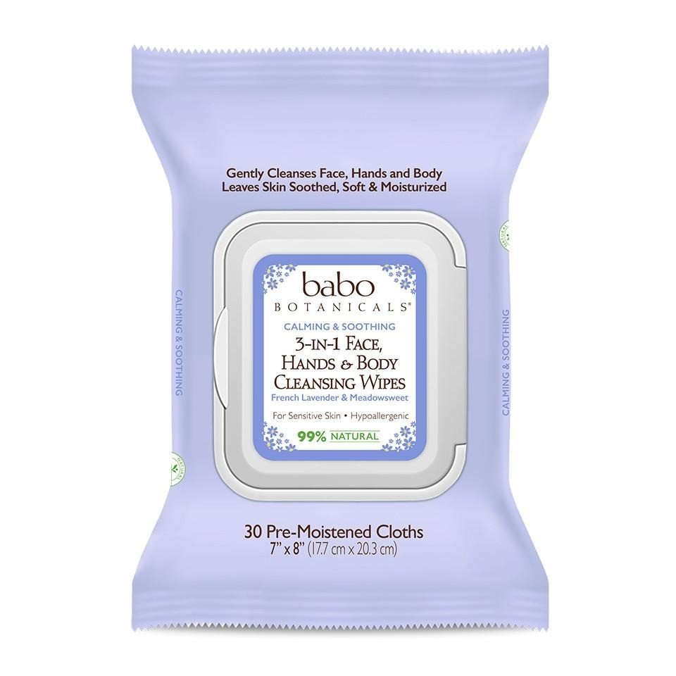Babo Botanicals 3-In-1 Face Hand &amp; Body Cleansing Wipes French Lavender &amp; Meadowsweet 30 Pre-Moistened Clo Packet