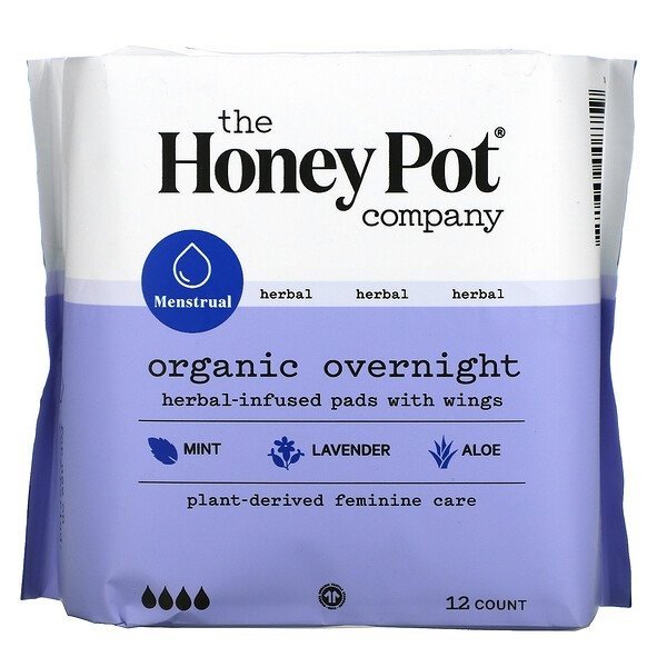 The Honey Pot Organic Overnight Herbal-Infused Pads with Wings 12 Pack