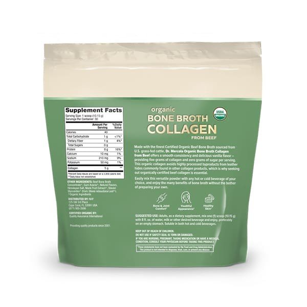 Dr. Mercola Organic Collagen Powder Beef Bone Broth Vanilla 10.74 oz (304.5 g) Bag