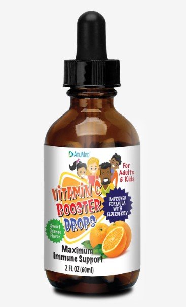 AnuMed Intl For Adults &amp; Kids Vitamin C Booster Drops-Maximum Immune Support-(Sweet Orange Flavor-Improved Flavor with Elderberry) 2 oz Liquid