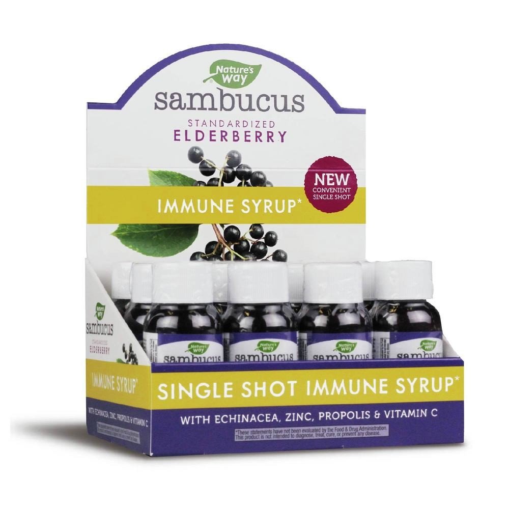 Sambucus Immune Syrup | Natures Way | Standardized Elderberry | Echinacea | Zinc Propolis | Vitamin C | Immune System Support | Single Shot Immune Syrup | 12 bottles | 20 milliliter bottles | VitaminLife