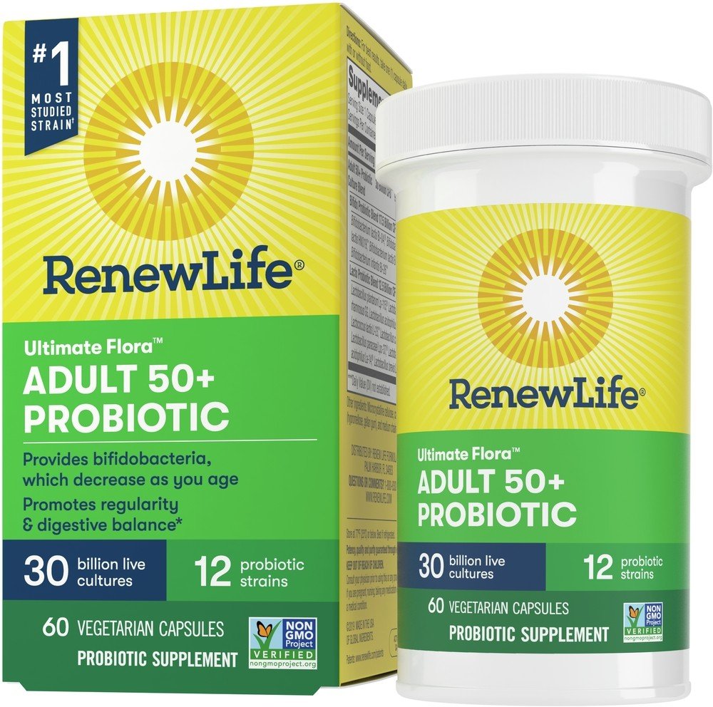 Adult 50+ Probiotic | RenewLife | Bifidobacteria | Digestive Health | Digestive Balance | Regularity | 30 Billion Live Cultures | 12 Probiotic Strains | Non GMO | Probiotic Supplement | 60 VegCaps | 60 Vegetarian Capsules | VitaminLife