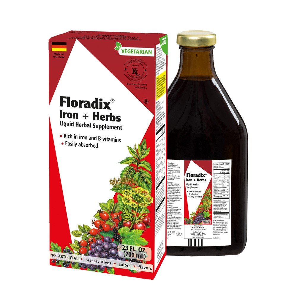 Floradix | Salus | Iron | Herbs | B Vitamins | No Artificial Preservatives | No Artificial Colors | No Artificial Flavors | Vegetarian | 23 fluid ounces | 700 milliliters | VitaminLife