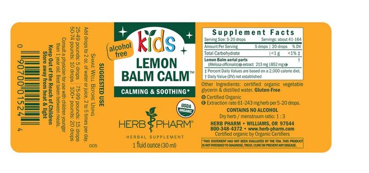 Herb Pharm Kids Lemon Balm Calm Alcohol Free 1 oz Liquid