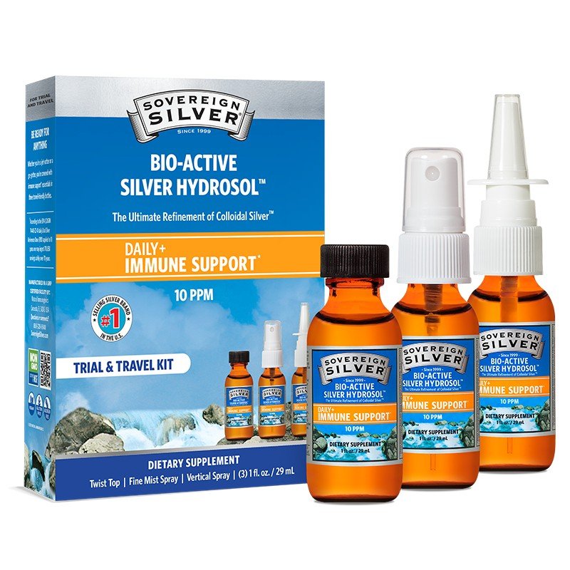 Sovereign Silver Natural Immunogenics Bio-Active Silver Hydrosol - 10 ppm - Trial & Travel Kit 3 (1 fl oz bottles) Box