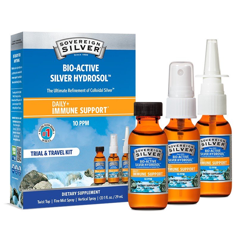 Sovereign Silver Natural Immunogenics Bio-Active Silver Hydrosol - 10 ppm - Trial &amp; Travel Kit 3 (1 fl oz bottles) Box