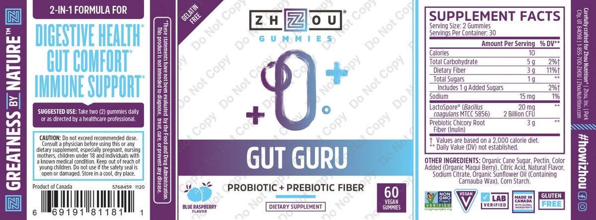 Zhou Nutrition Gut Guru Probiotic Gummies : Blue Raspberry Gummy 60 Gummy