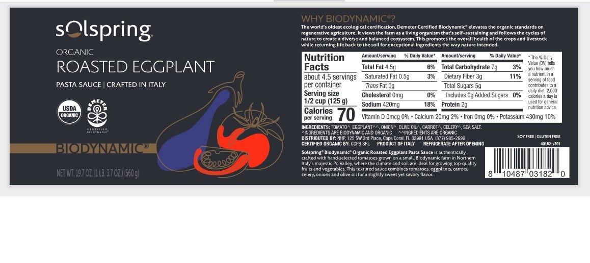 Dr. Mercola Solspring Biodynamic Organic Roasted Eggplant Italian Pasta Sauce 19.70 oz Glass Jar