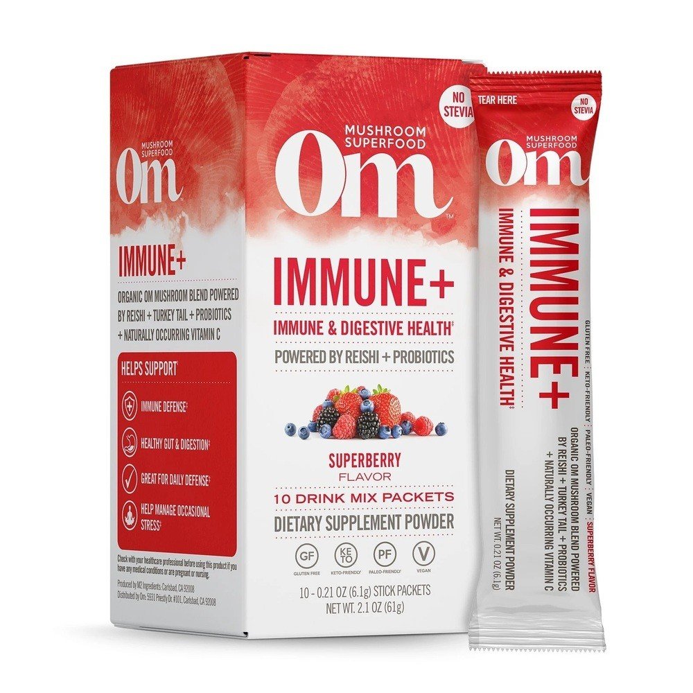 Om Mushrooms Immune + Superberry Mushroom Superfood Drink 10 Sticks Box