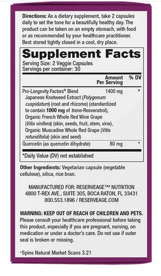 Reserveage Resveratrol 1000 mg 60 VegCap