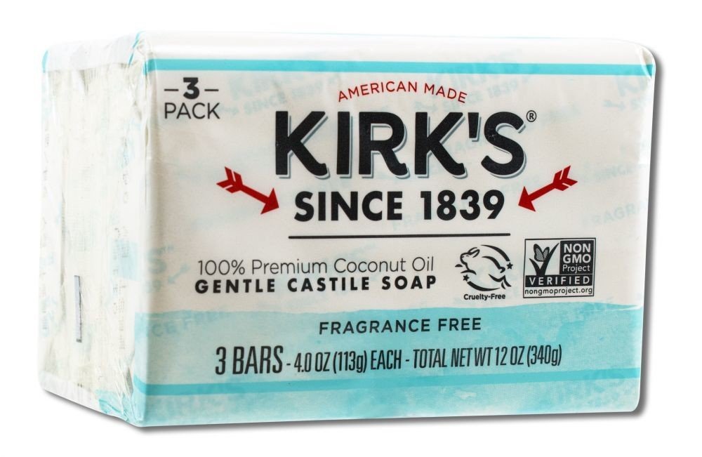 Kirk's Natural Fragrance Free Bar Soap 3 Bars (4 oz each) Pack