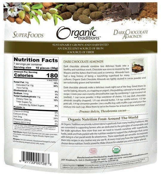 Organic Traditions Almonds Dark Chocolate 8 oz Bag