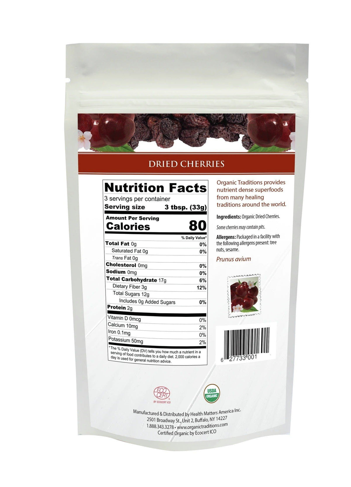 Organic Traditions Dried Cherries 3.5 oz Bag