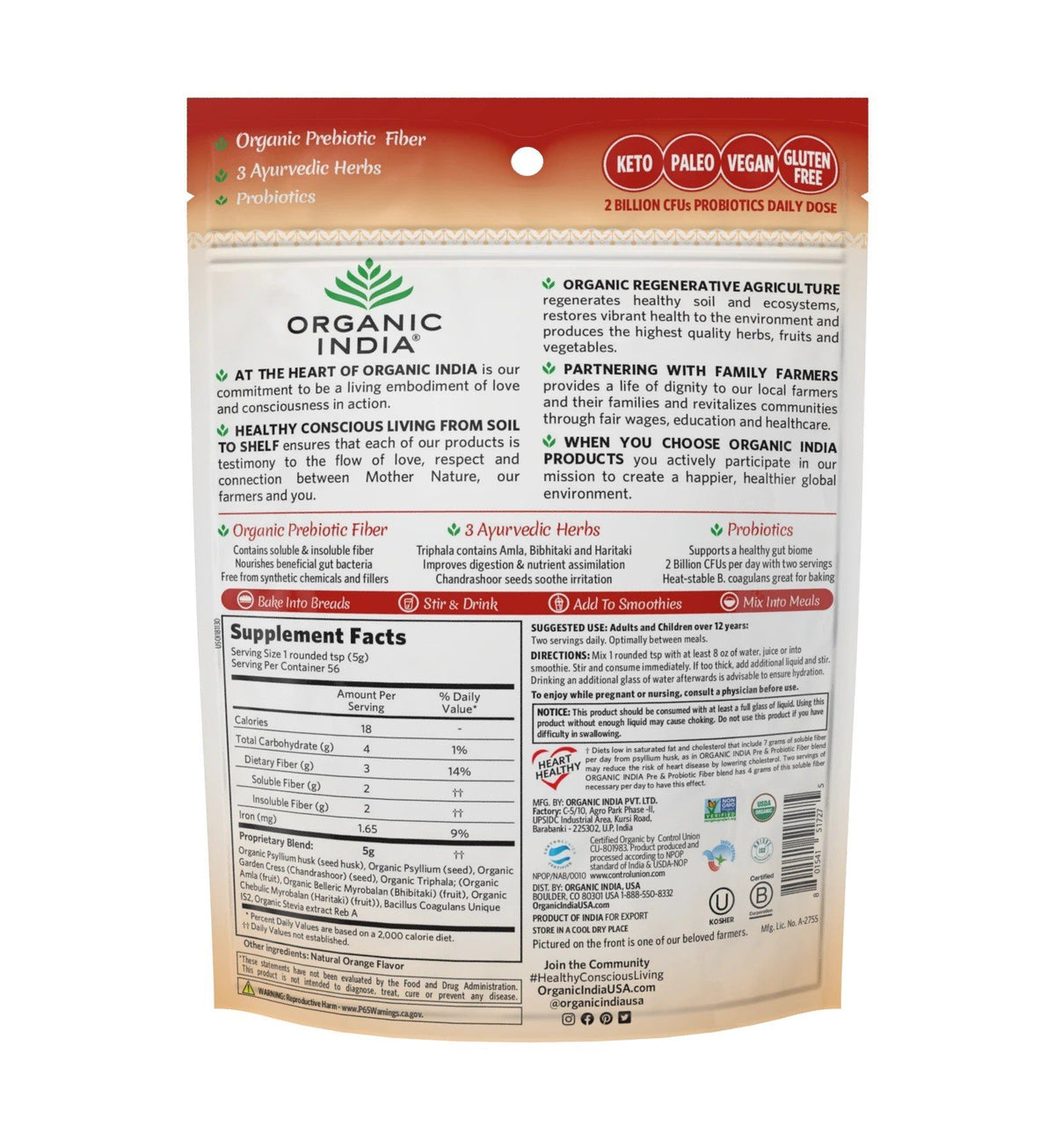 Organic India Psyllium Pre &amp; Probiotic Fiber Orange 10 oz Bag