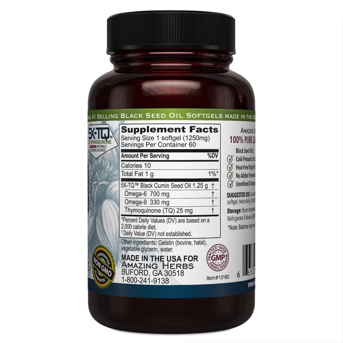 Amazing Herbs Premium Black seed Oil 1250 mg 60 Softgel