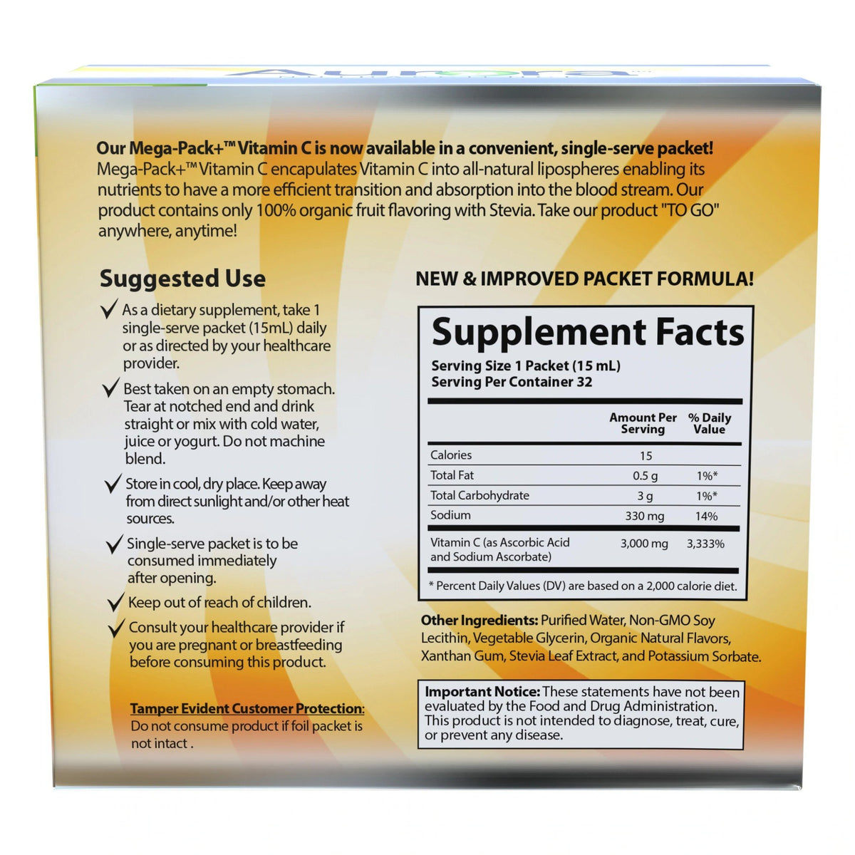 Vida Lifescience Aurora Nutrascience Mega-Liposomal Vitamin C, 3000mg 32 Packs (0.5 fl oz) Box