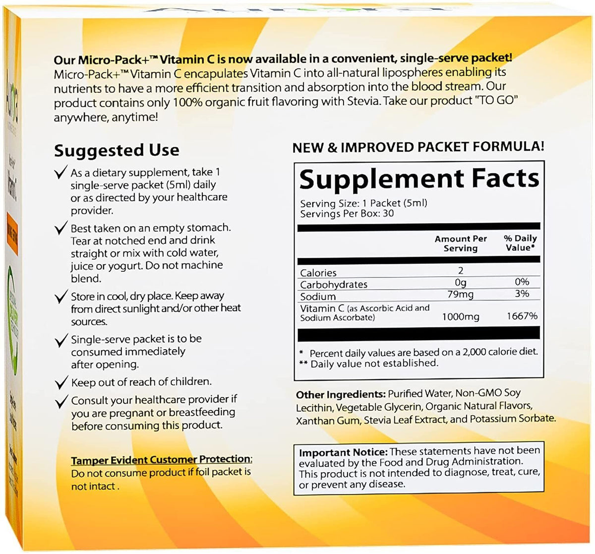 Vida Lifescience Aurora Nutrascience Micro-Liposomal Vitamin C, 1000mg per serving 30 packs (0.34 fl oz Box