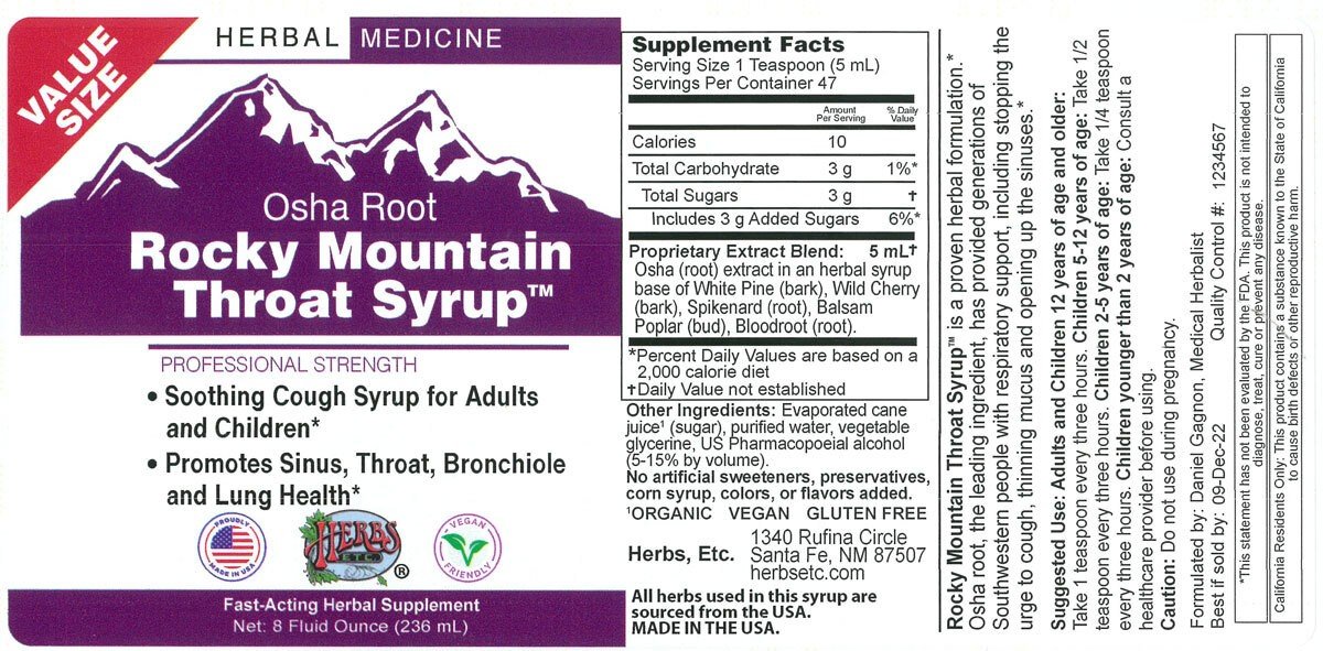 Herbs Etc Rocky Mountain Throat Syrup 8 oz Liquid