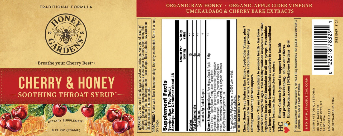 Honey Gardens Cherry &amp; Honey Soothing Throat Syrup 8 oz Liquid